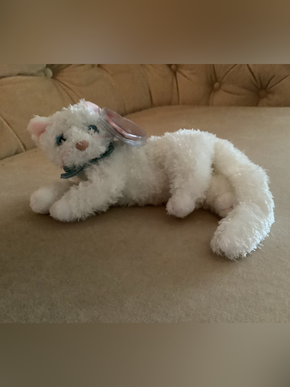 Ty White Plush Kitten with Blue Ribbon - Starlett